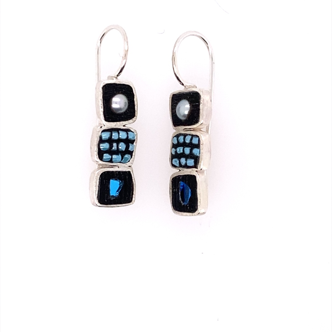 3 Square Earrings, Blue/Green and Pearl