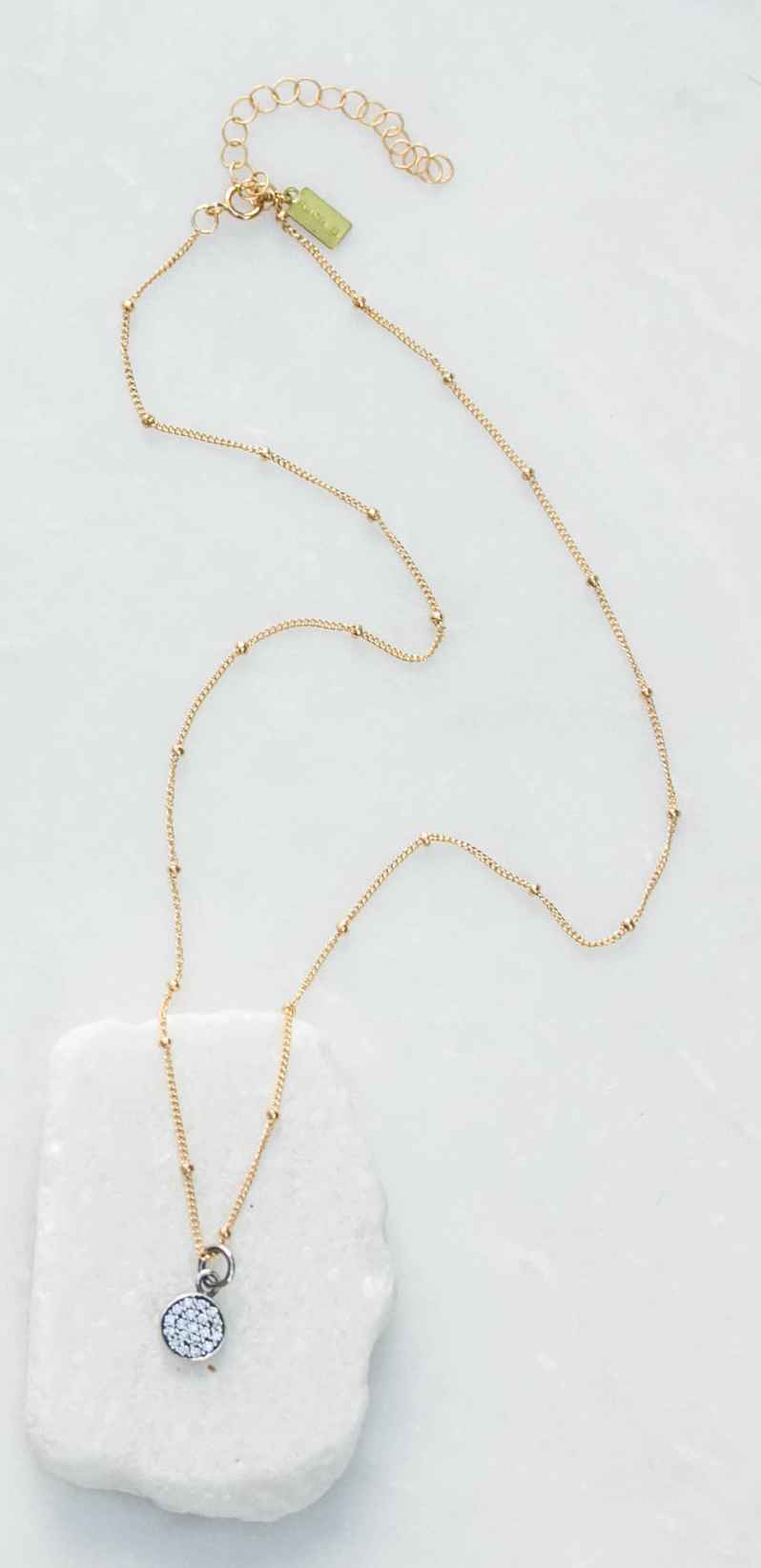 Cubic Zirconia Pave Coin Pendant Short Necklace - Gold