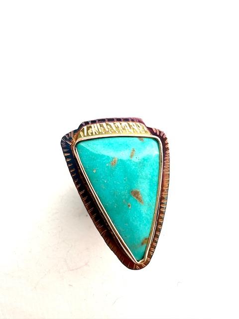 Image of Sterling Silver, Fine Silver Bezel, 18k Gold, and Kingman Mine Turquoise Ring, Size 7.75 by Julie Shaw