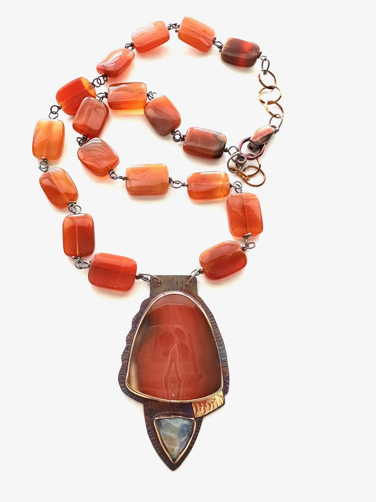 Image 2 for Sterling Silver, Fine Silver Bezels, 18k Gold, Swazi Agate, and Rainbow Moonstone Necklace with Carnelian Beads on Sterling Silver Chain and a Magnetic Clasp