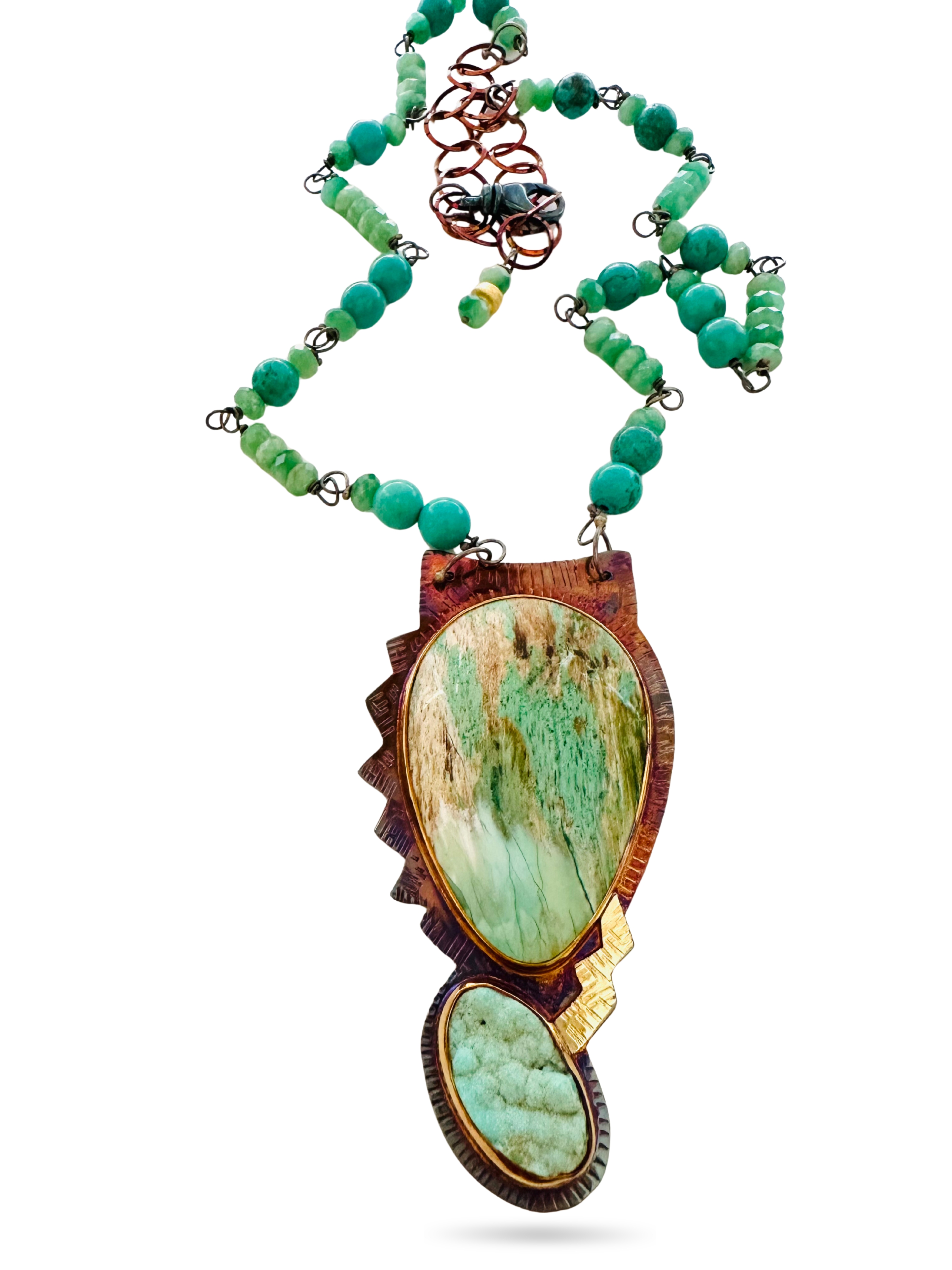 Image 2 for 2 Sterling Silver, Fine Silver Bezels, 18k Gold, Collawood, Hemimorphite Druzy, and Green Mica Necklace with Turquoise Beads, Sterling Silver Clasp and Revolving Lobster Clasp