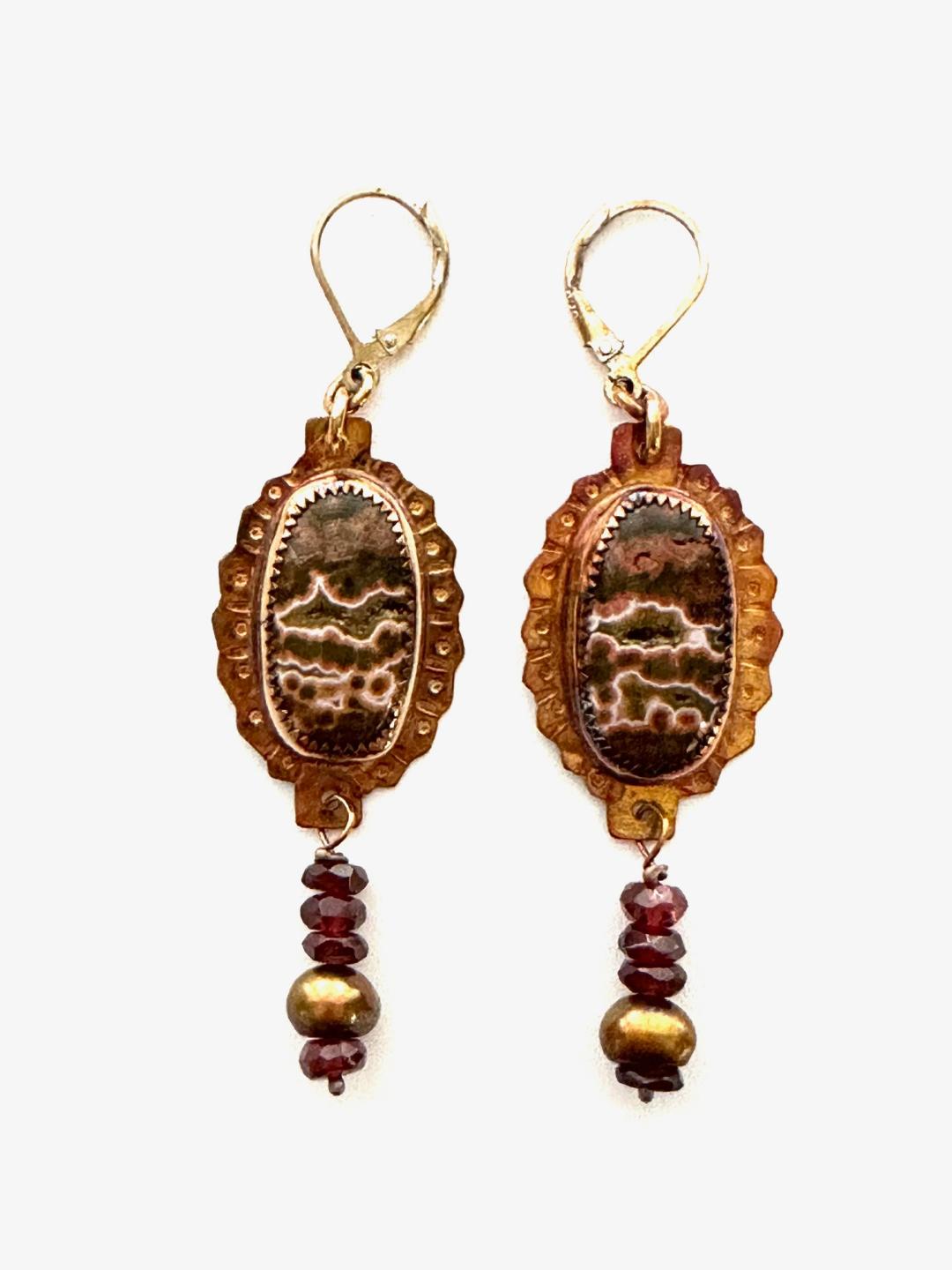 Sterling Silver, Fine Silver Bezel, and Orbicular Jasper with Hints of Quartz Crystals Peaking Through Earrings with a Garnet and Pearl Dangle and a Lever Earwire
