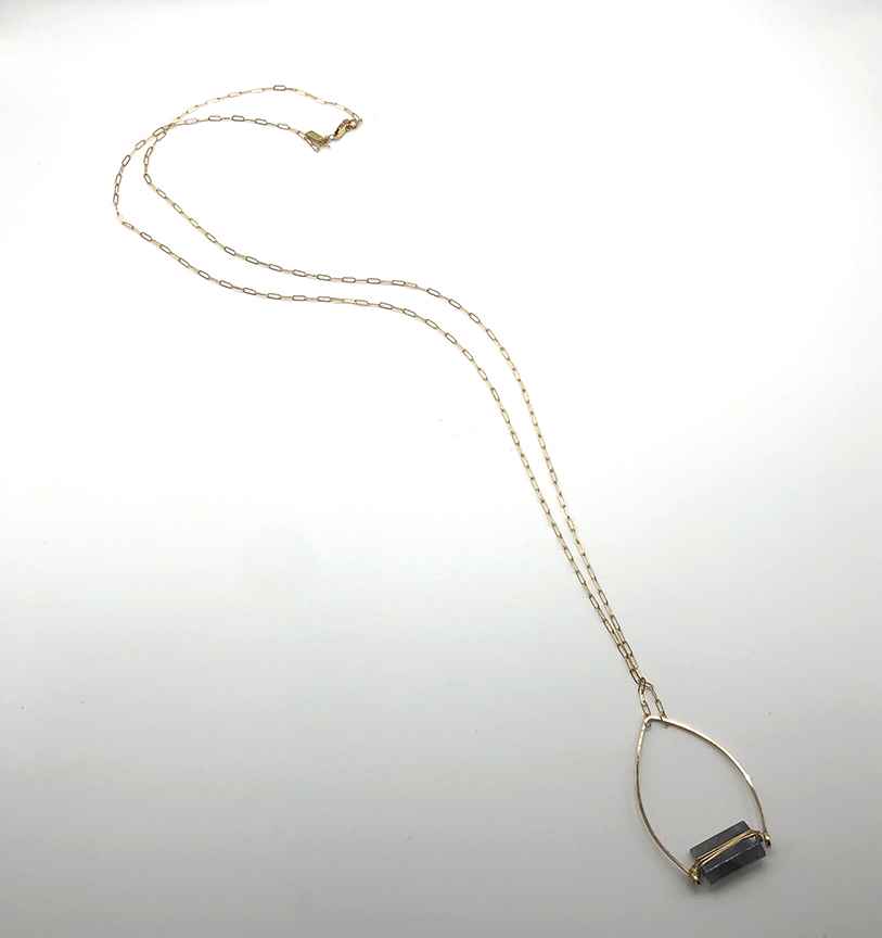 Rutilated Quartz Long Tapered Pendant Necklace 14K Gold Filled