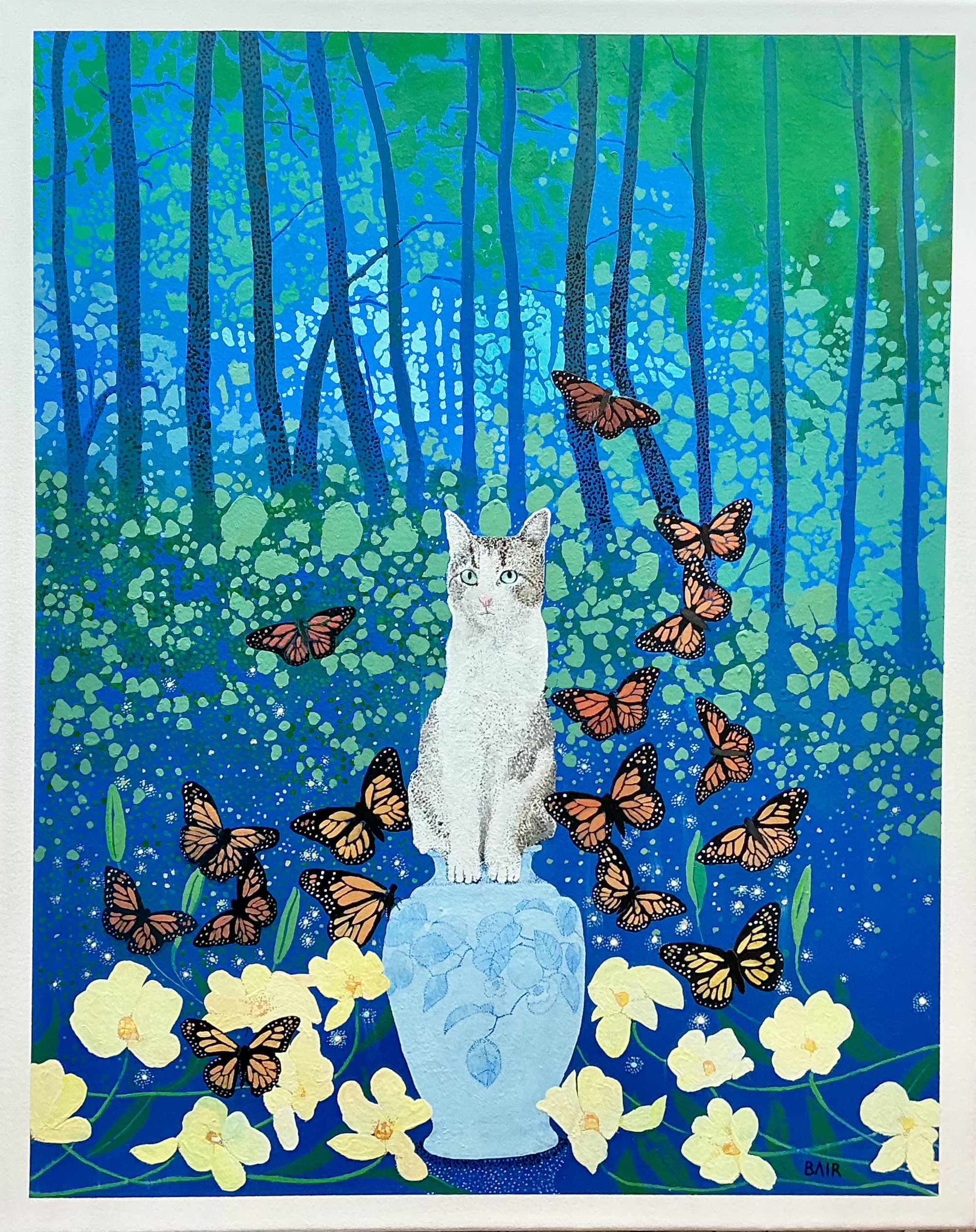 Image of Blue Vase with Flowers, Butterflies, and Cat by Miles Bair