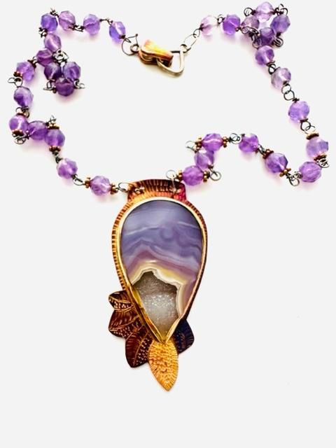 Sterling Silver, 18k Gold, Fine Silver Bezels, and Aqua Nueva Agate with White Crystal Druzy Necklace with Amethyst Beads