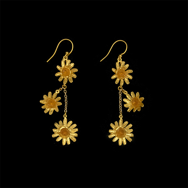 Golden Daisy Three Flower Dangle Wire Earrings