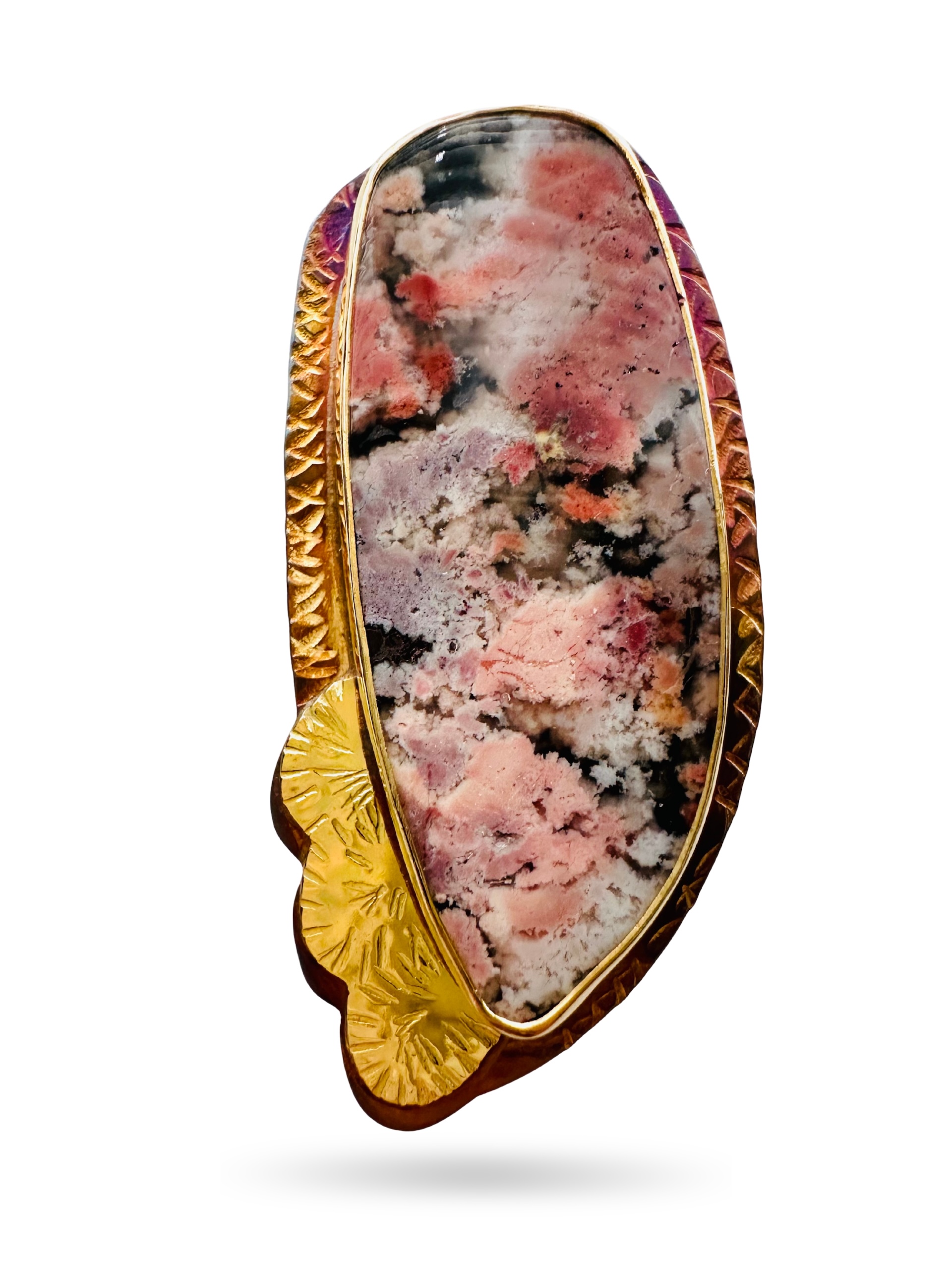 Image of 3 Sterling Silver, Fine Silver Bezel, 18k Gold, and Feather Ridge Plume Agate over Australian Black Jade Ring - Size 7.5 by Julie Shaw