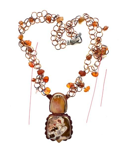 Sterling Silver, 18k Gold, Agate, and Aqua Nueva Agate Necklace with Amber and Carnelian Beads