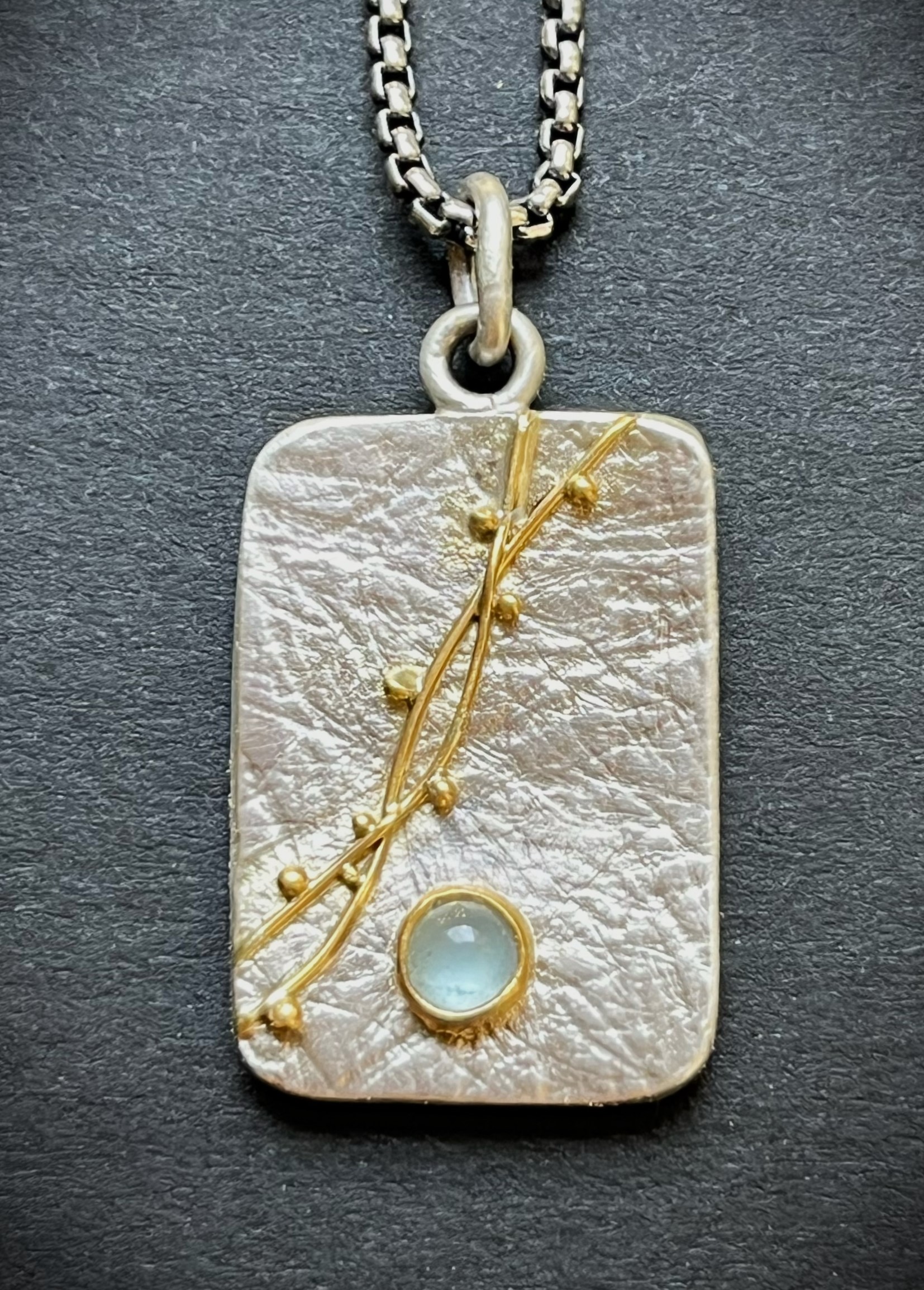 Botany Necklace 30x16 mm Sterling Silver, 22k gold Aquamarine 4mm diameter 18” rounded box chain Sterling Silver