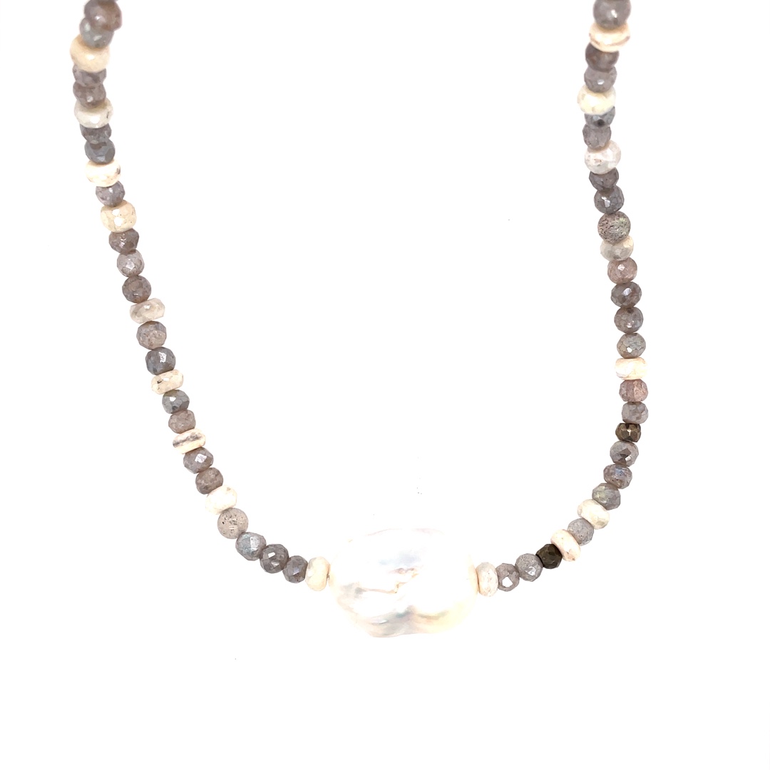 Image 1 for Labradorite, Silverite Sapphire, and Baroque Pearls Necklace 14 Labradorite, Silverite Sapphire, and Baroque Pearls Necklace 14