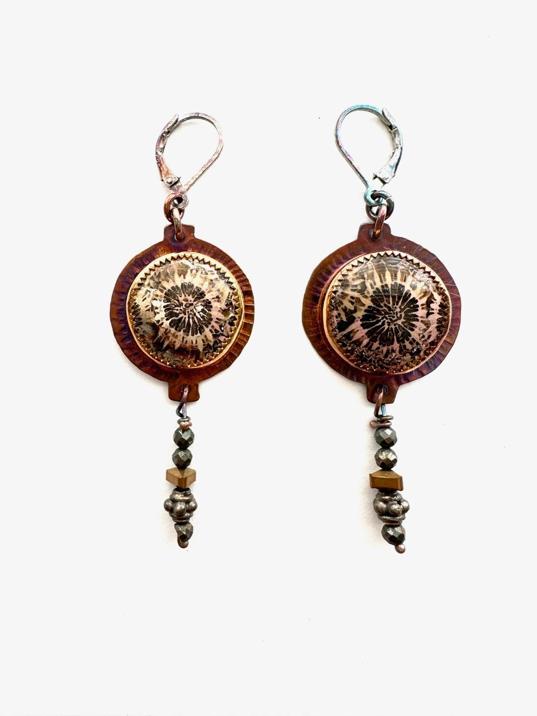 Sterling Silver, Fine Silver Bezel, and Fossilized Coral Earrings with a Pyrite and Sterling Bead Dangle and a Lever Earwire