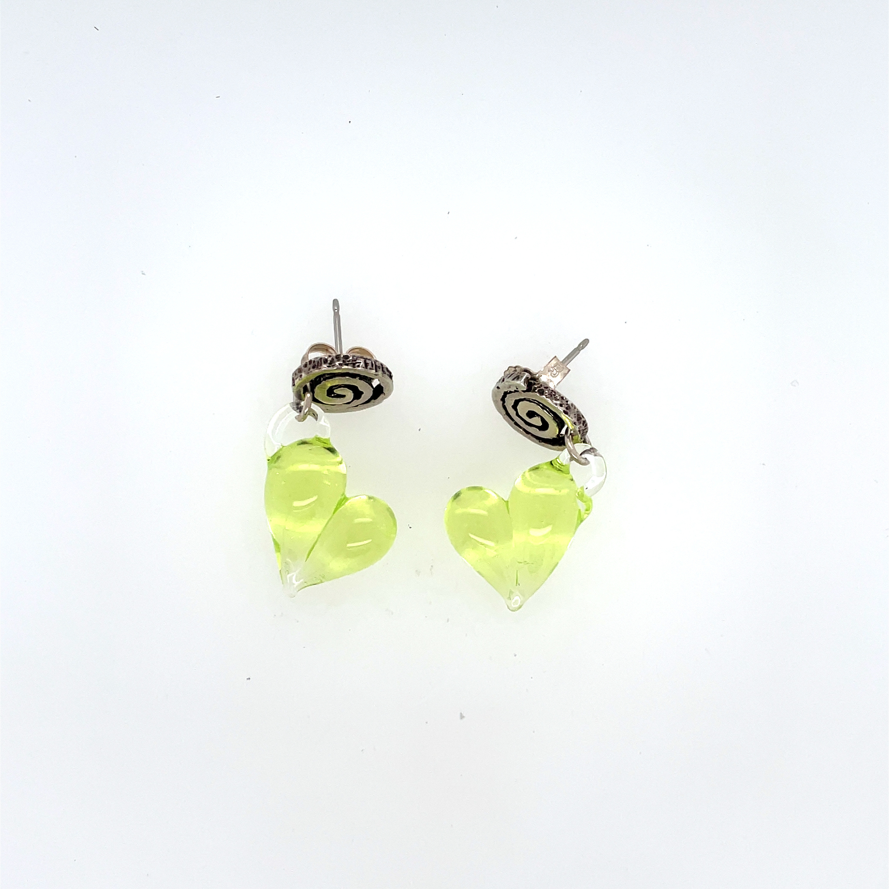 Lime Green Heart Earrings on Sterling Silver Spiral Post