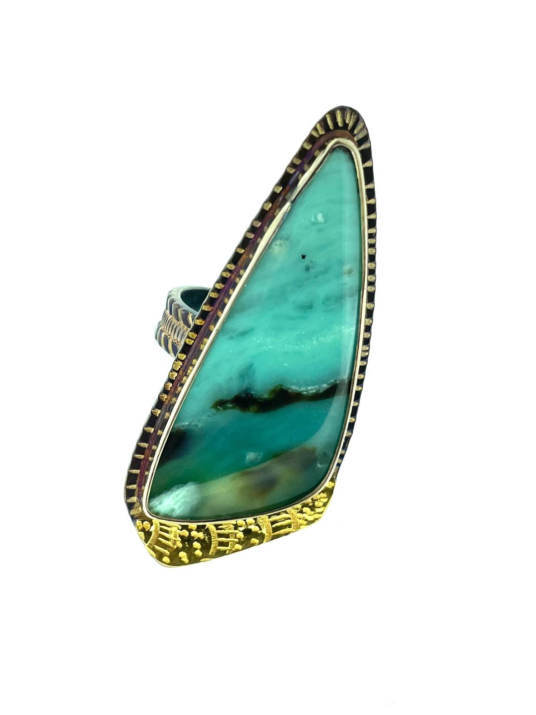 Image 1 for Blue Opal Petrified Wood in Sterling Silver and 22k Gold, Size 8 1/4 Blue Opal Petrified Wood in Sterling Silver and 22k Gold, Size 8 1/4