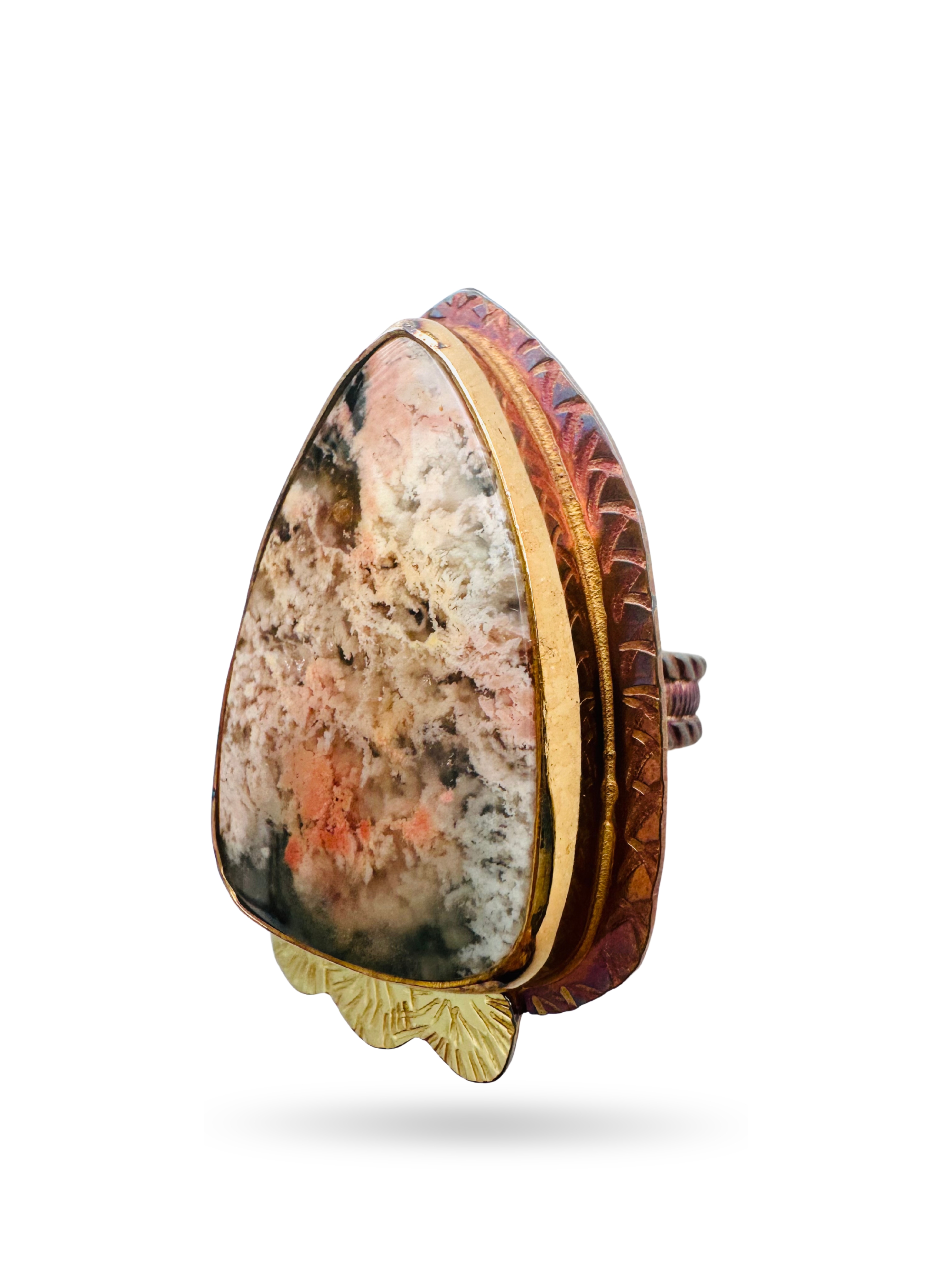 Image 2 for 3 Sterling Silver, Fine Silver Bezel, 18k Gold and Feather Ridge Plume Agate laminated to Austrailan Black Jade Ring - Size 7