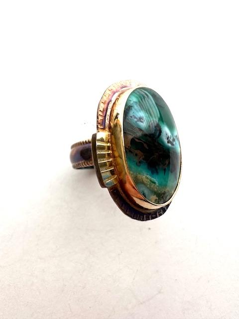 Image 2 for Sterling Silver, Fine Silver Bezel, 18k Gold, and Blue Opal Wood Ring, Size 6.75