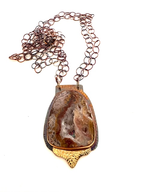 Image 2 for Sterling Silver, Fine Silver Bezel, 18k Gold, and Aqua Nueva with a Quartz Druzy Center Necklace with a Sterling Silver Chain and a Lobster Clasp