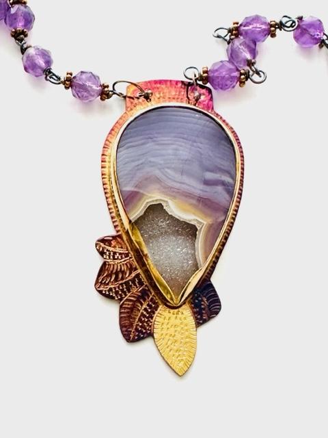 Sterling Silver, 18k Gold, Fine Silver Bezels, and Aqua Nueva Agate with White Crystal Druzy Necklace with Amethyst Beads