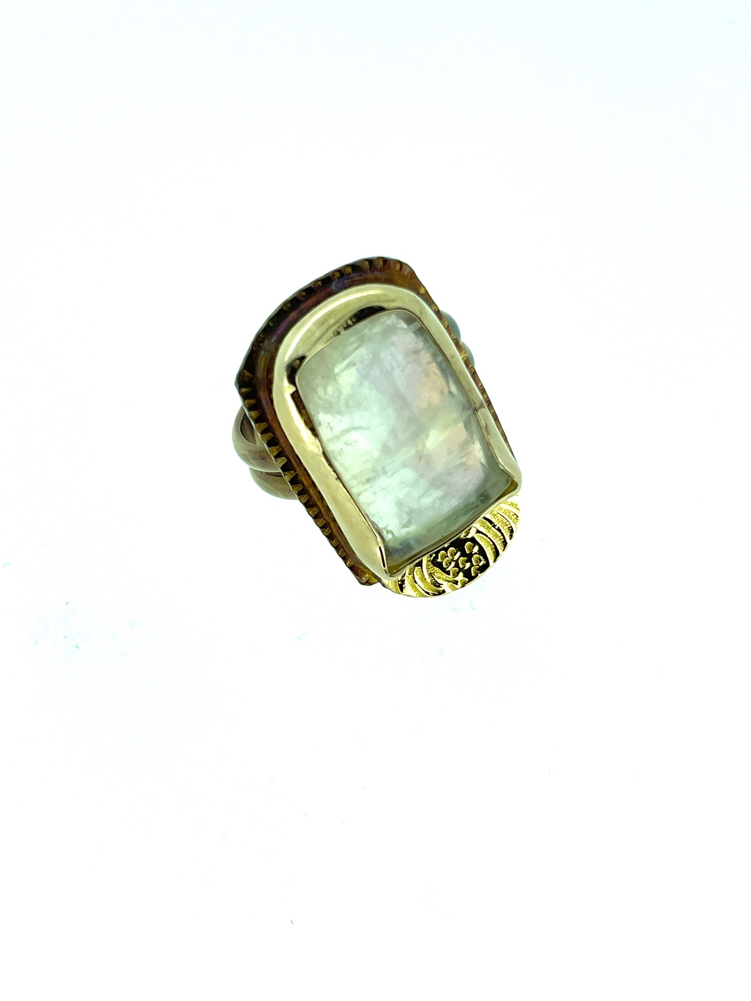 Sterling Silver, 22k Gold, Faceted Rainbow Moonstone Ring - Size 7