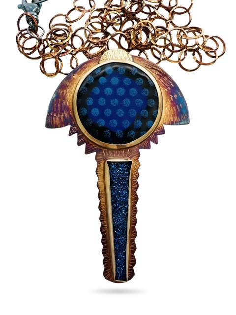 Image of 7 Sterling Silver, Fine Silver Bezels, 18k Gold, Electric Blue Druzy (Color created by Titanium) and Enamel on Copper Necklace with Sterling Silver Chain and a Revolving Lobster Clasp by Julie Shaw