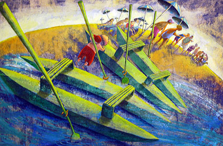 Green Boats At The Be... by  Eva Montanari - Masterpiece Online