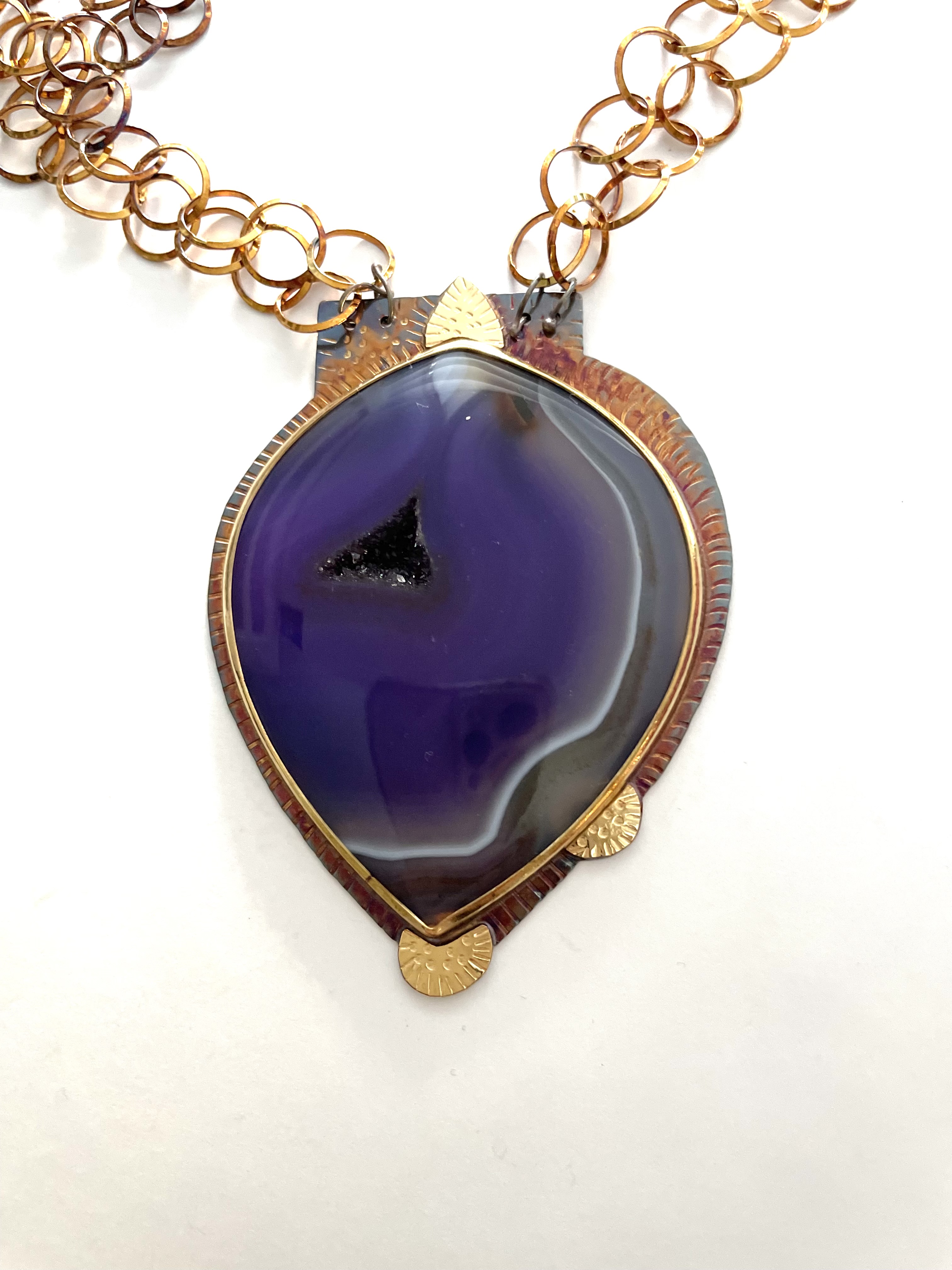 Sterling Silver, 18k Gold, Dyed Brazilian Agate with Druzy Inside, 24” long with Magnetic Clasp
