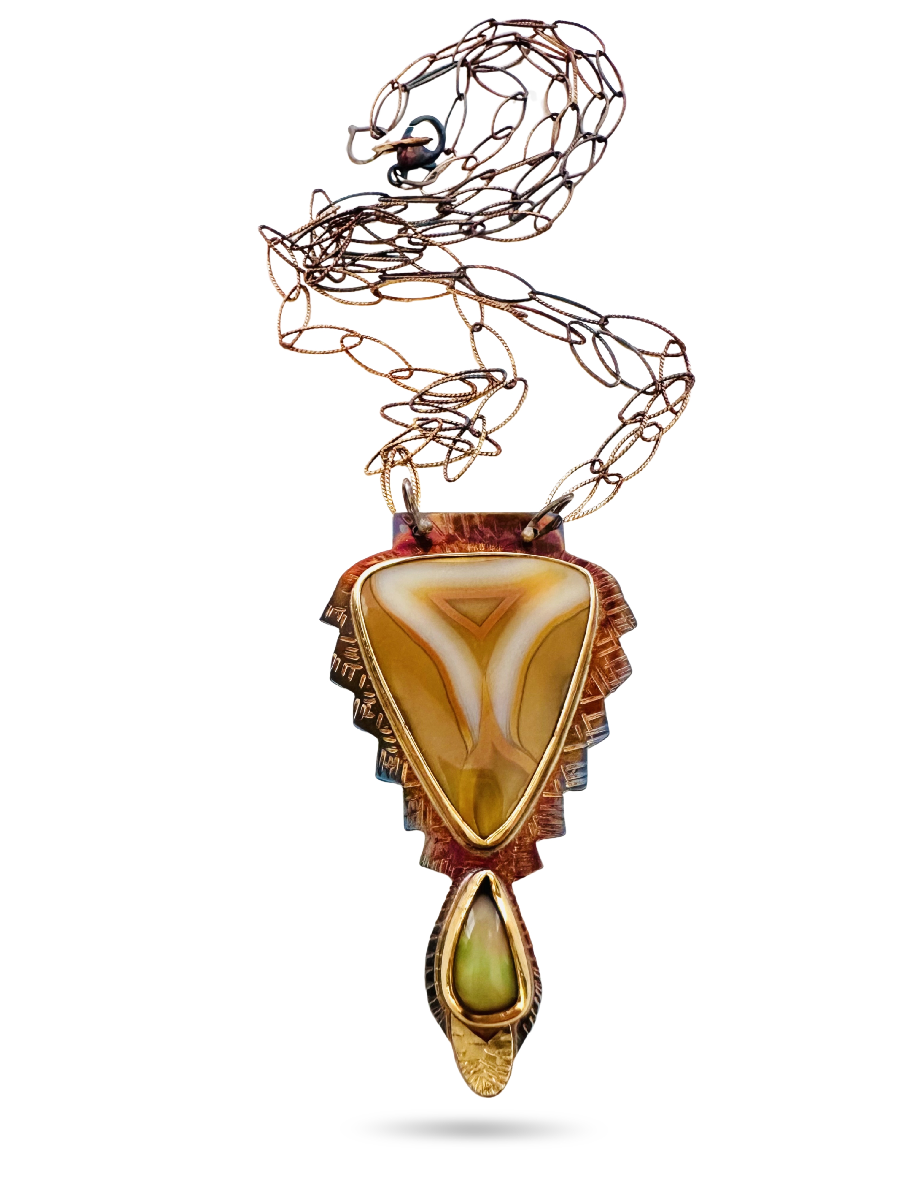 Image 2 for 5 Sterling Silver, Fine Silver Bezels, 18k Gold, Sumatra Agate, and Ethiopian Opal Necklace with Sterling Silver Chain and Lobster Clasp