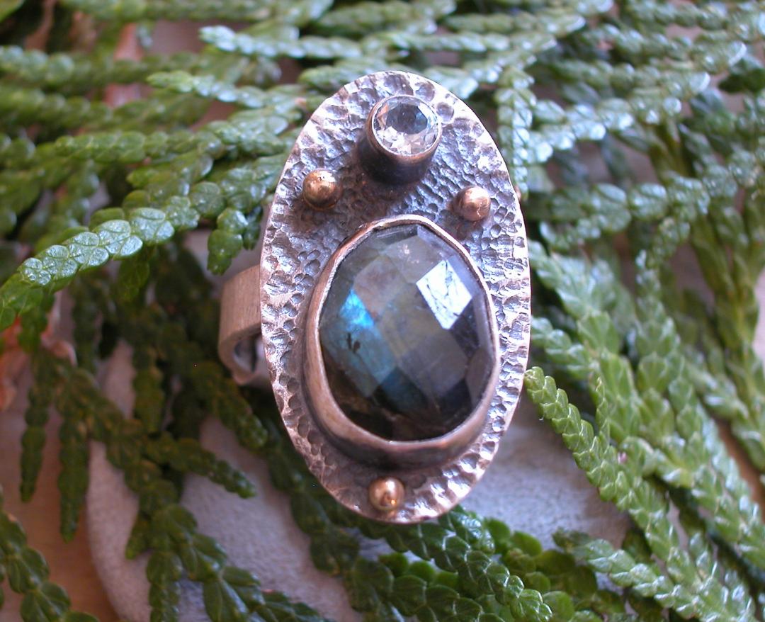 Labradorite Ring, Sterling, 14K Gold and Blue Topaz Size 7