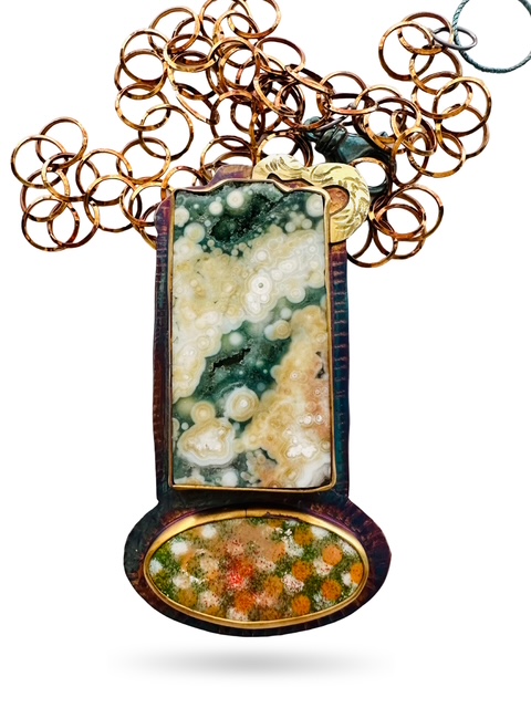 Image of 7 Sterling Silver, Fine Silver Bezels, 18k Gold, Ocean Jasper, and Enamel on Copper Necklace with Sterling Silver Chain and Revolving Lobster Clasp by Julie Shaw