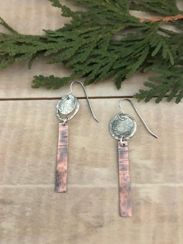 Circle Stick Earrings in Sterling Silver and Copper