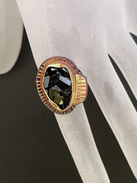 Sterling Silver, 18k Gold, and Black Garnet Ring ~ Size 7