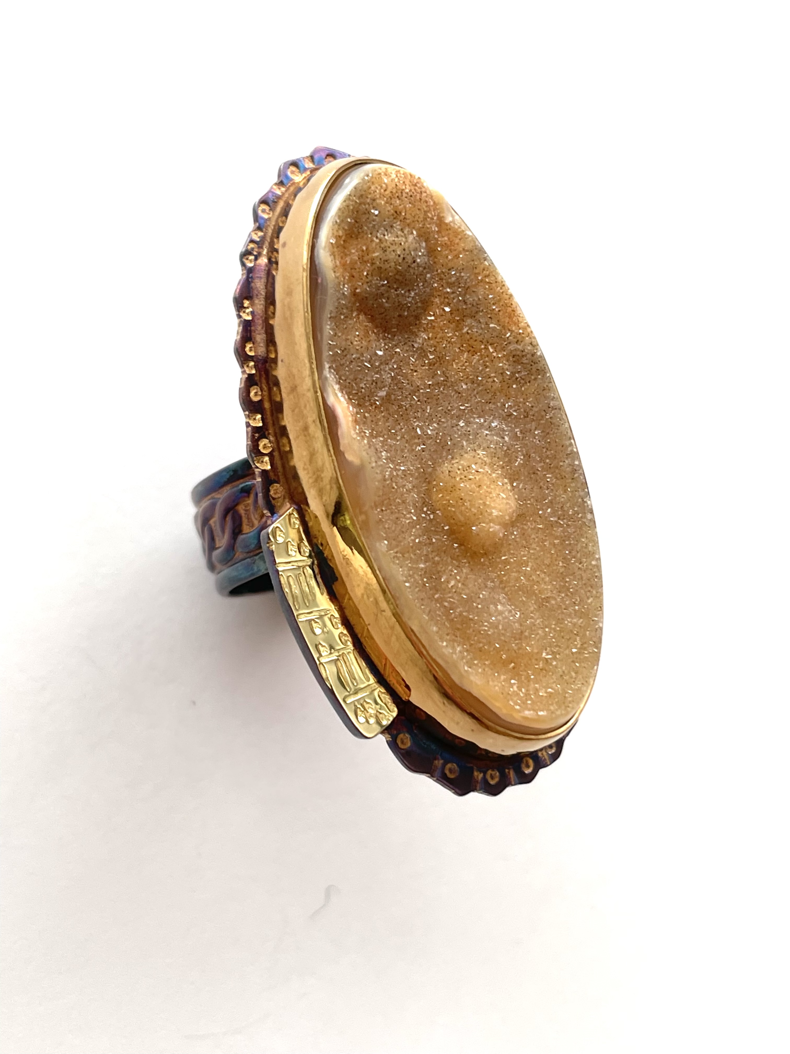 Sterling Silver, 18k Gold, and Unusual Druzy Ring ~ Size 8