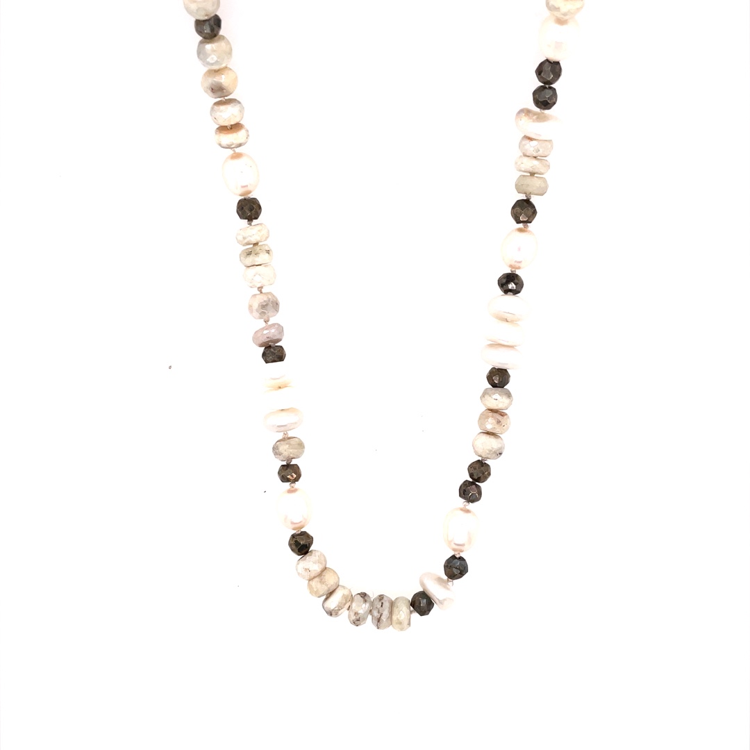 Silverite Sapphire, Pearls, Pyrite, Necklace with Sterling Silver Clasp 26