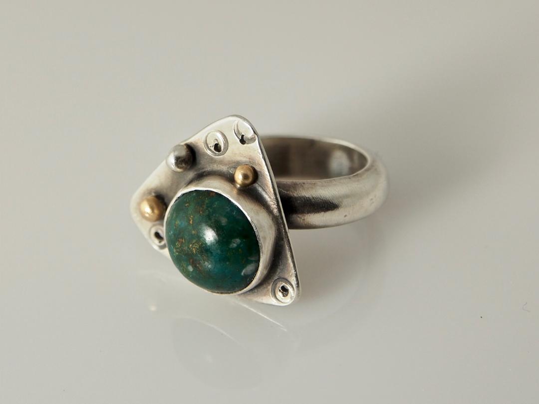 Chrysacola, Sterling and 14 kt Gold Ring (size 7-7.5)
