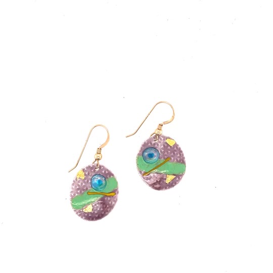 Rolled Pattern with Green & Lavender Earrings, Silver Enamel on Gold Filled Hooks