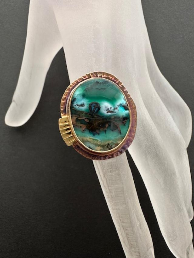 Image 3 for Sterling Silver, Fine Silver Bezel, 18k Gold, and Blue Opal Wood Ring, Size 6.75