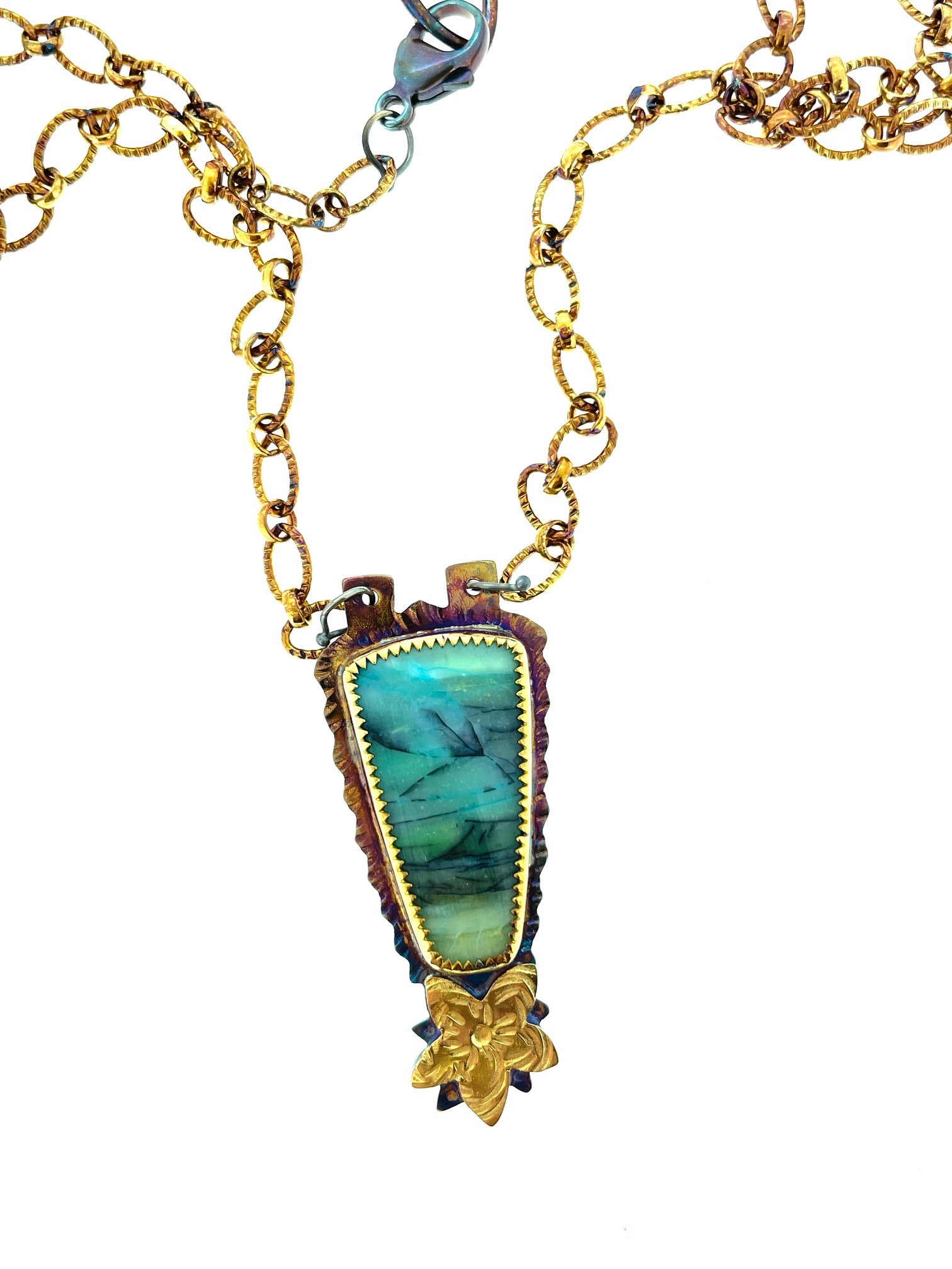 Sterling Silver, 22k Gold, Blue Opal Petrified Wood Necklace