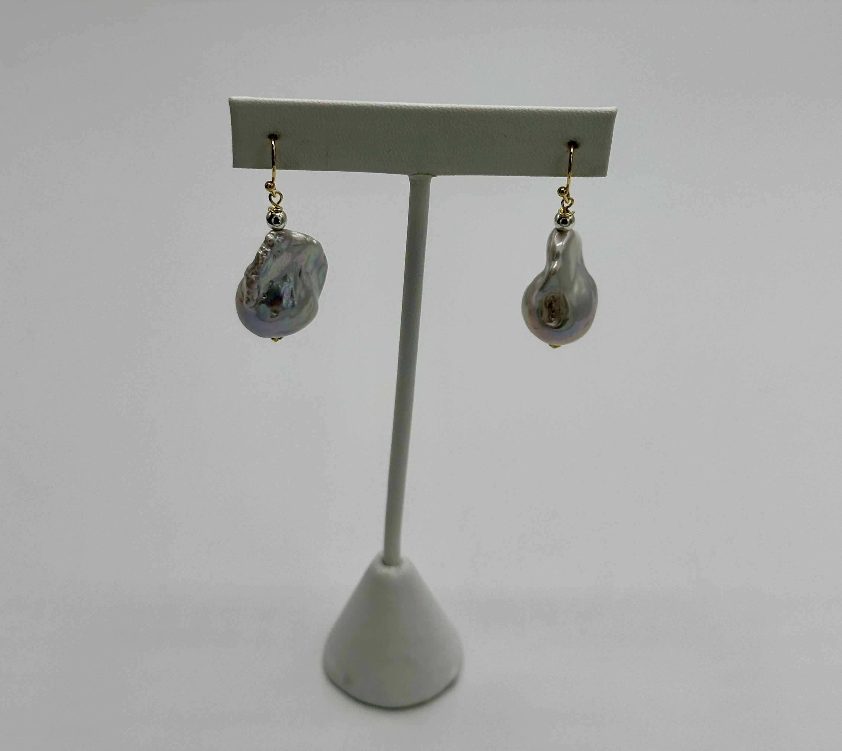 Large Baroque, Freshwater Pearls, White Hue Gold Earrings