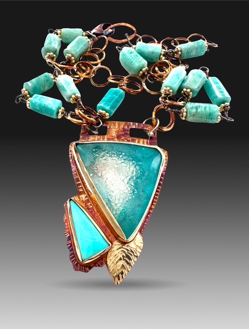 Image of 4 Sterling Silver, Fine Silver Bezels, 18k Gold, Kingman Mine Turquoise, and Chrysocolla Druzy Necklace with Amazonite Beads strung on Sterling Silver, Gold-Filled Spacers Silver Chain, and Lobster Clasp by  
