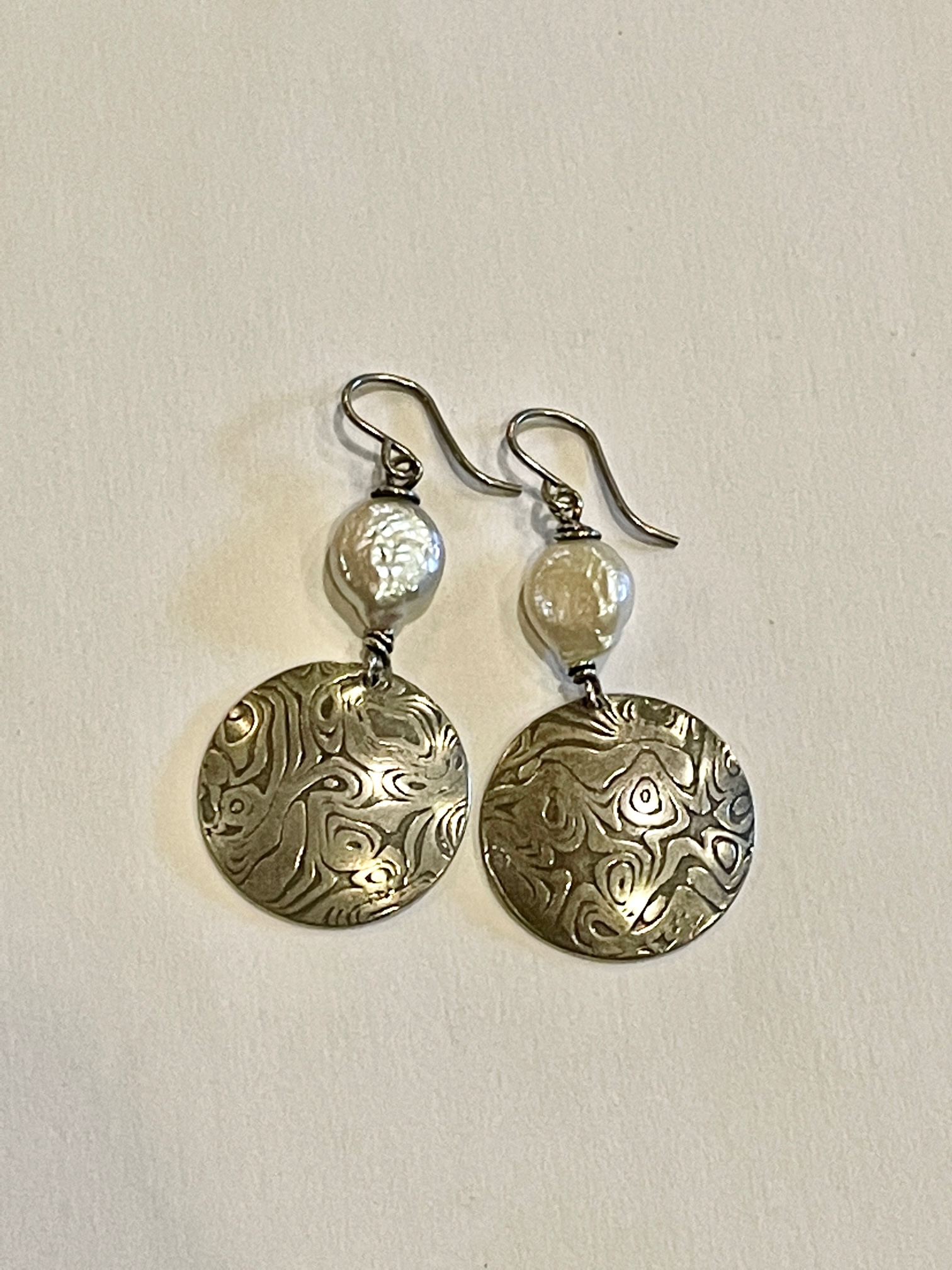 Large Round Textured Disc With Freshwater Pearl Earrings