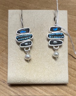 Image of 3 blue, black, gray earrings with pearl drop by  