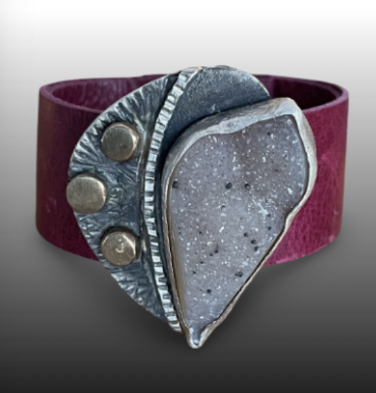 Image of Drusy Quartz Sterling Silver and Leather Cuff by Pam Sable