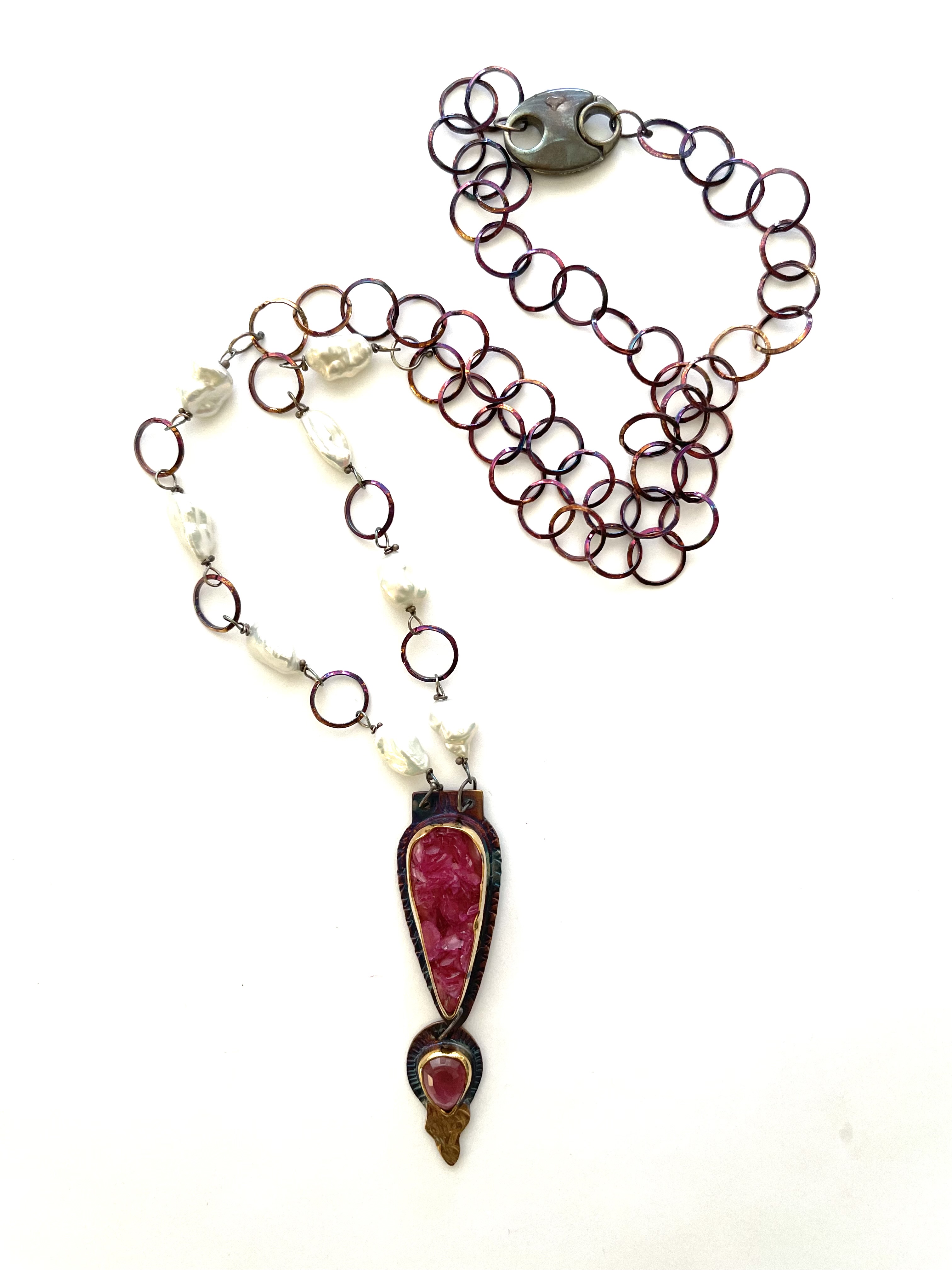 Sterling Silver, 22k Gold, Cobalto Calcite Druzy, and Pink Tourmaline Necklace