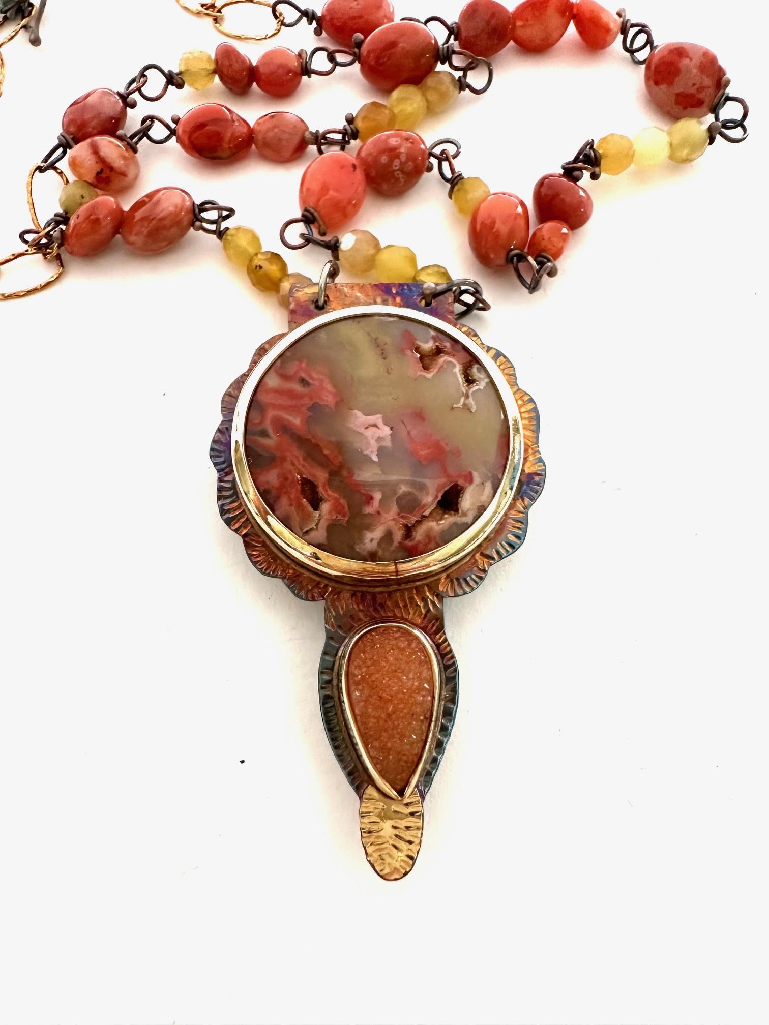 Image of Sterling Silver, Fine Silver Bezels, 18k Gold, Sumatra Agate, and Druzy Necklace with Yellow Opal and Coral Beads Strung on Sterling Silver Chain with a Lobster Clasp by Julie Shaw