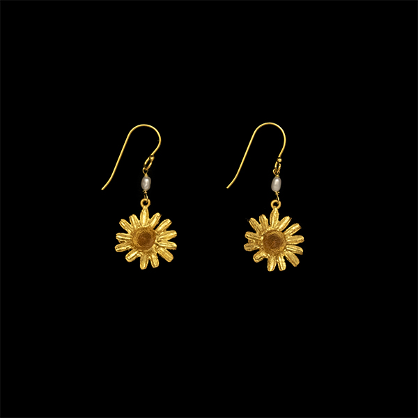 Golden Daisy Wire Earrings with Pearls