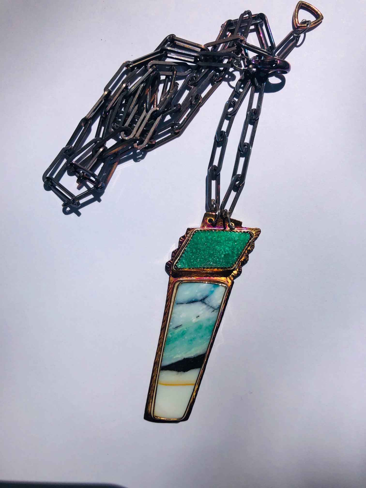 Image 1 for Sterling, Varisite Druzy, Blue Opal Displaced Petrified Wood Necklace Sterling, Varisite Druzy, Blue Opal Displaced Petrified Wood Necklace