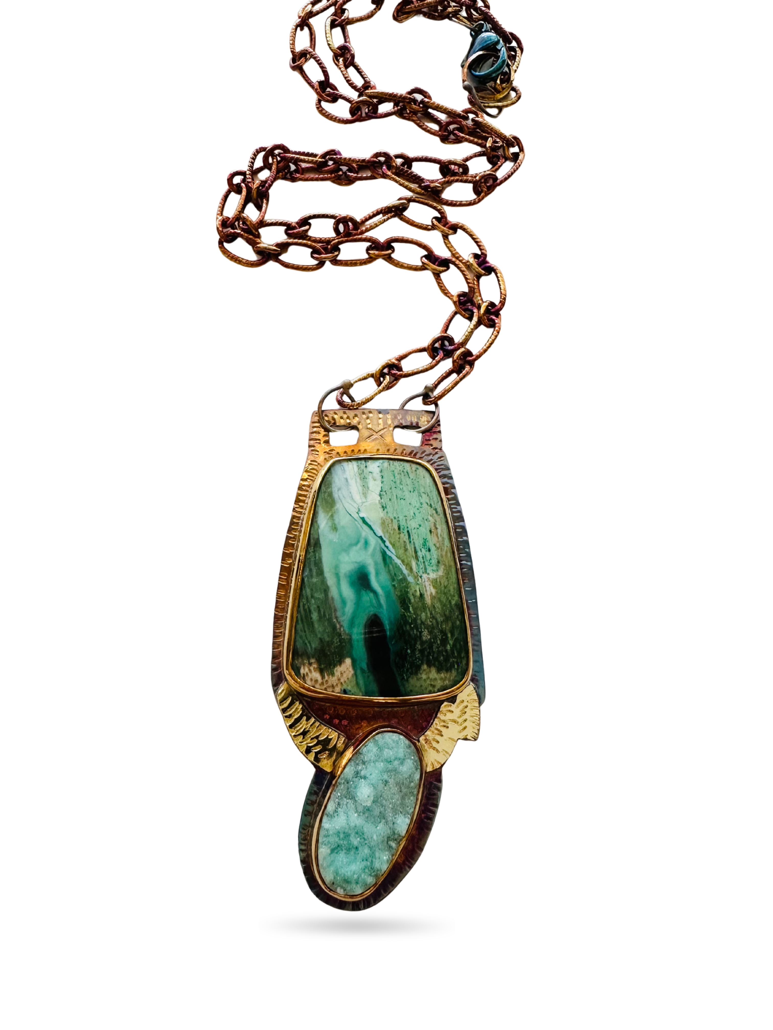 Image 2 for 2 Sterling Silver, Fine Silver Bezels, 18k Gold, Collawood, and Hemimorphite Druzy Necklace with Sterling Silver Chain and Lobster Clasp