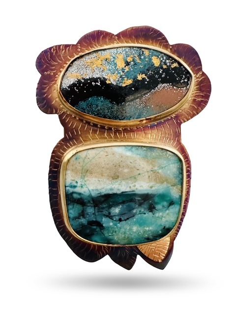 Image of 7 Sterling Silver, Fine Silver Bezels, 18k Gold, Gold Leaf in the Enamel, and Opal Wood Stone Brooch by Julie Shaw