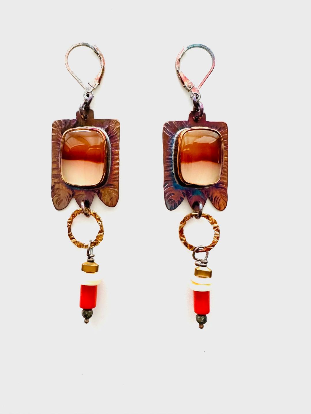 Sterling Silver, Fine Silver Bezel, and Banded Carnelian Earrings with a Dangle of Ostrich Egg Shell Beads and Coral