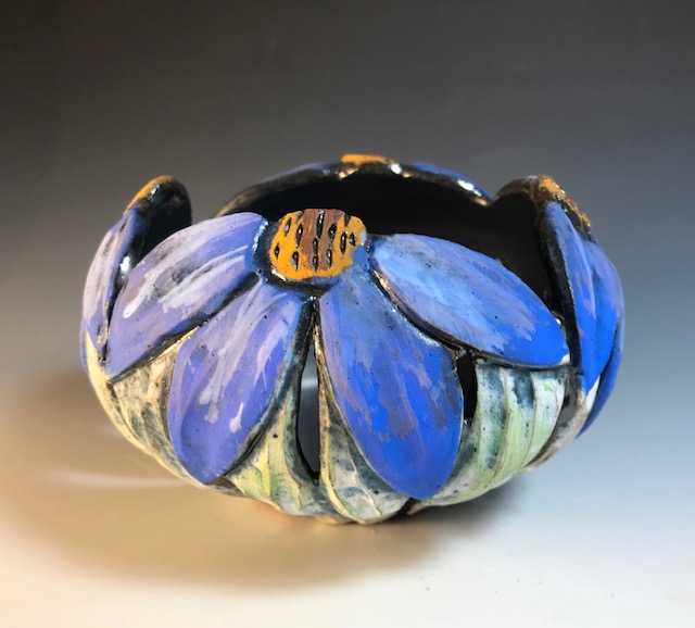 Image 1 for Blue Rim Flower Rim Bowl Blue Rim Flower Rim Bowl