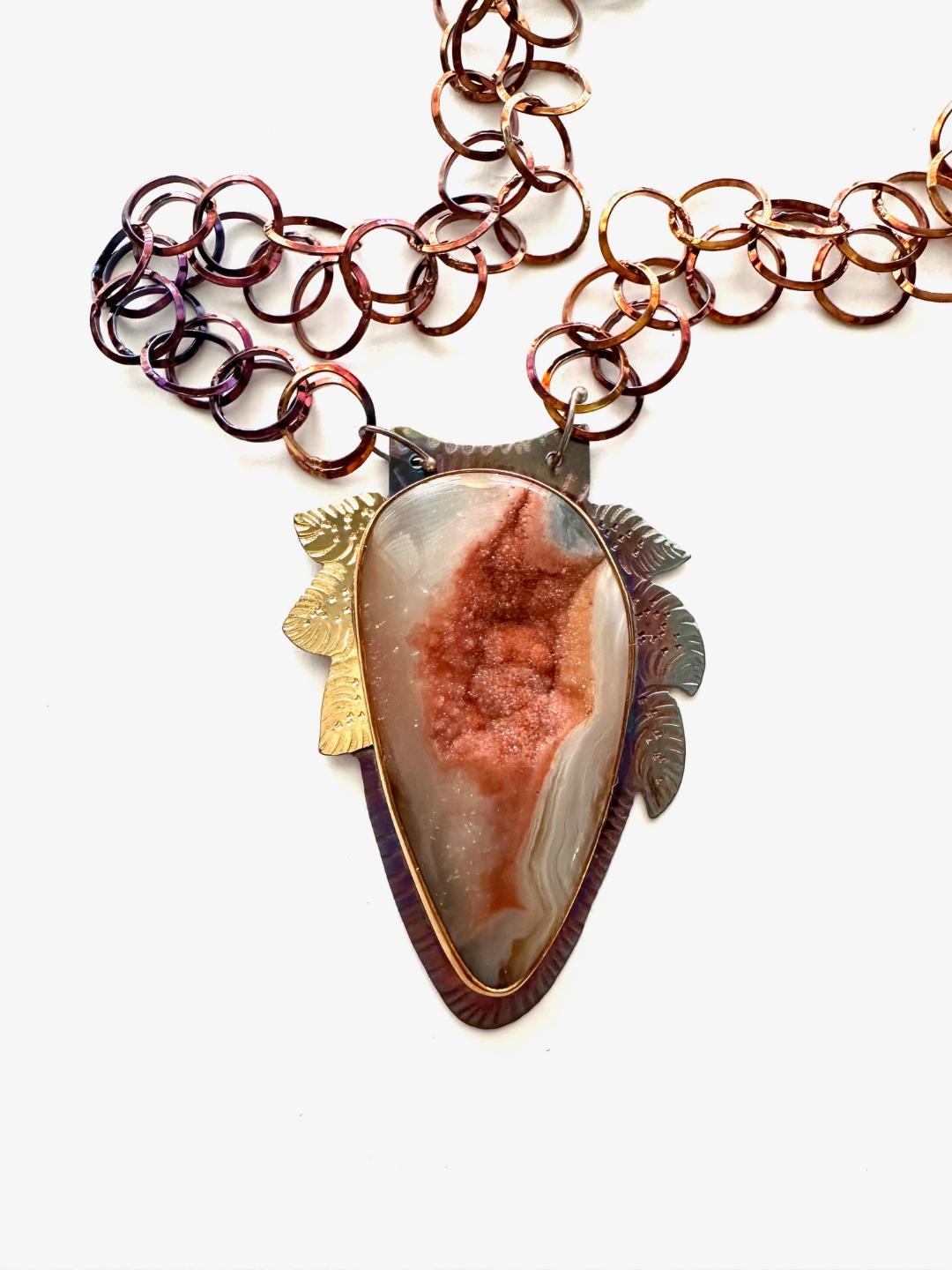 Sterling Silver, Fine Silver Bezel, 18k Gold, and Brazilian Druzy Agate Necklace with Sterling Chain and a Magnetic Clasp